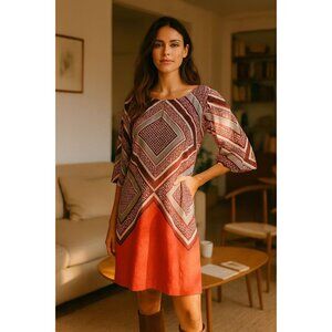 Geometric Print Red & Burgundy Shift Dress With 3/4 Sleeves‎